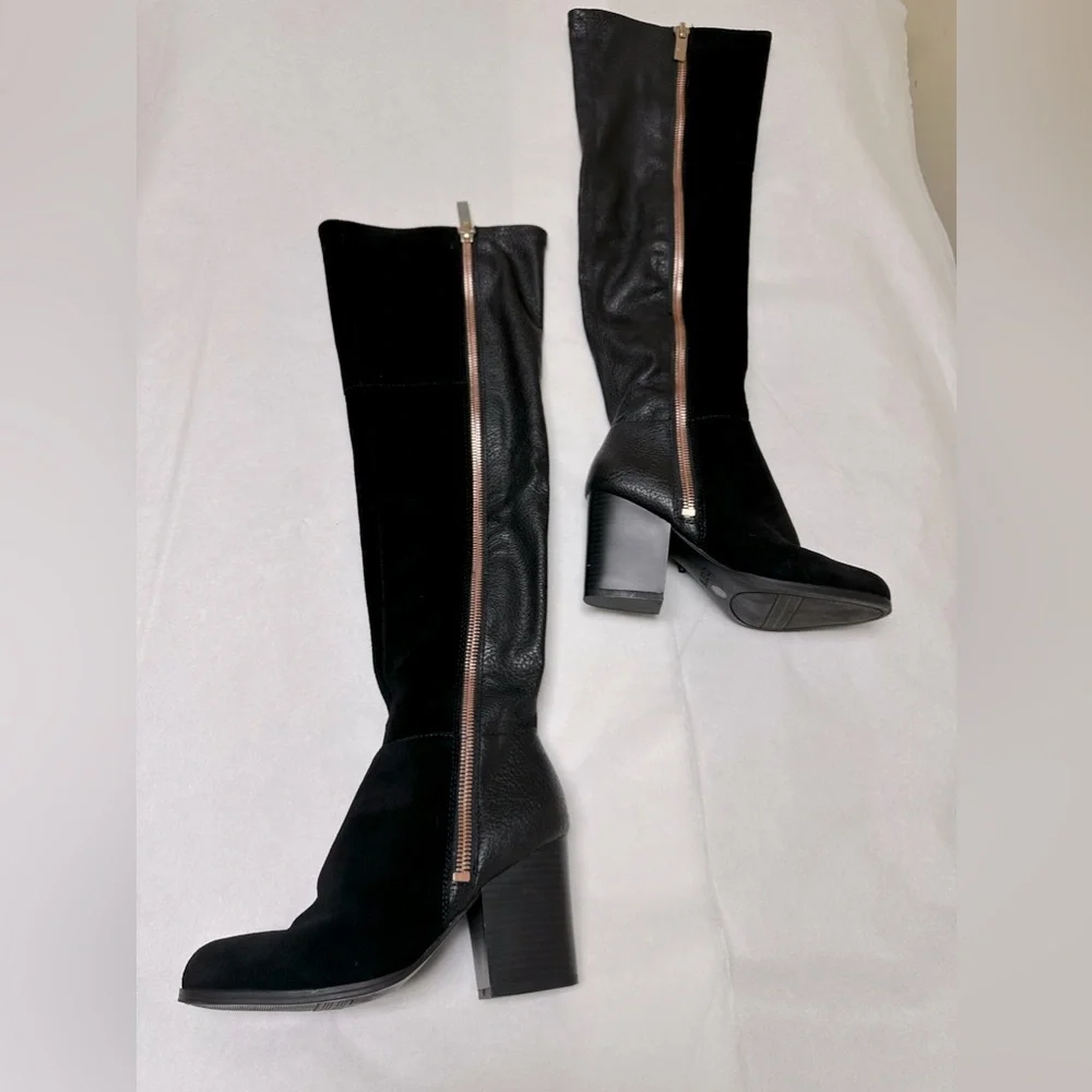 NWOT; NEW; Bar lll Over The Knee Leather Suede Zipper Party Boot Black/Rose Gold